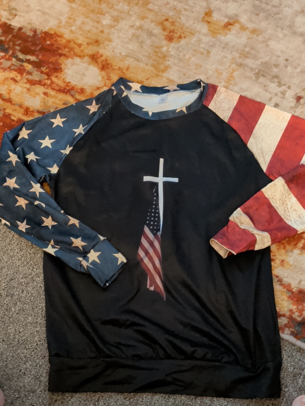American Flag Cross Sweatshirt - Black with Stars & Stripes Sleeves